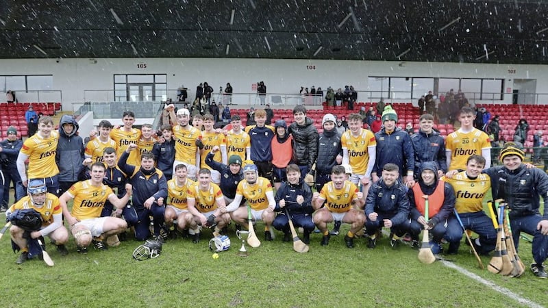 Antrim celebrate their Ulster U20 final win over Derry at Owenbeg on Saturday Picture by Margaret McLaughlin 