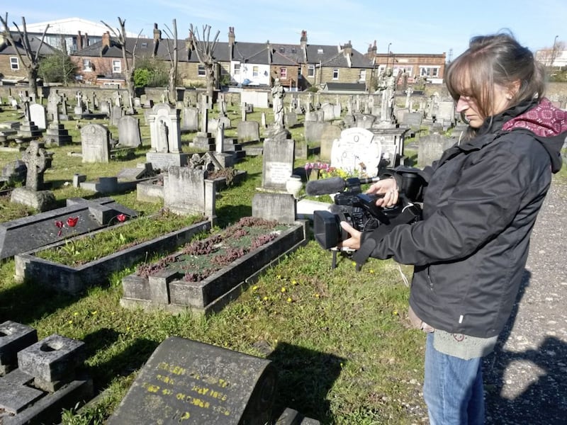 Filming at the graveyard in London where Patrick O&#39;Connell is buried 