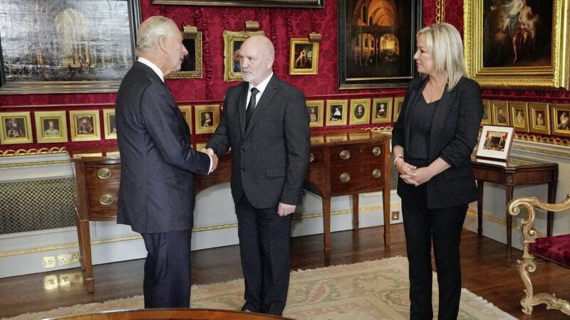 King Charles III meeting Assembly Speaker Alex Maskey and Sinn F&eacute;in vice president Michelle O&#39;Neill at Hillsborough Castle last week 