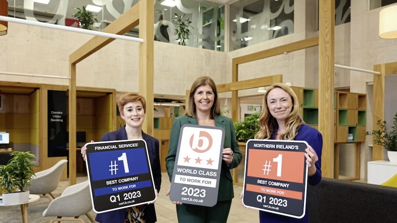 Pictured (from left) at Danske HQ are Orla King, head of HR strategic delivery, Caroline van der Feltz, HR director, and Vicky Davies, chief executive. Picture: Darren Kidd/PressEye 