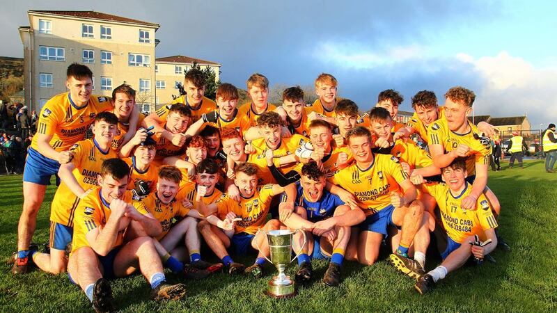 The victorious Enniskillen Gaels celebrate after winning the Ulster Club Minor Football Tournament at St Paul's GFC in west Belfast. Picture by Seamus Loughran.
