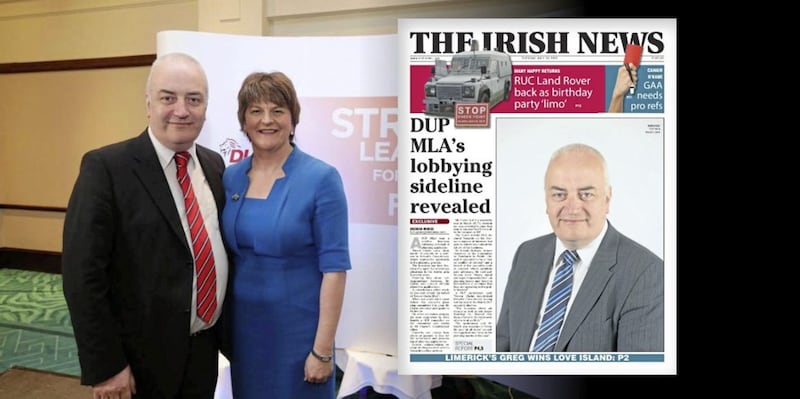 DUP MLA Trevor Clarke with party leader Arlene Foster, and inset, how The Irish News revealed Mr Clarke&#39;s planning consultancy business 