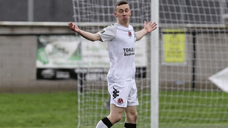 Crusaders&#39; Paul Heatley celebrates his goal against Institute at the Brandywell on Saturday Picture by Pacemaker 