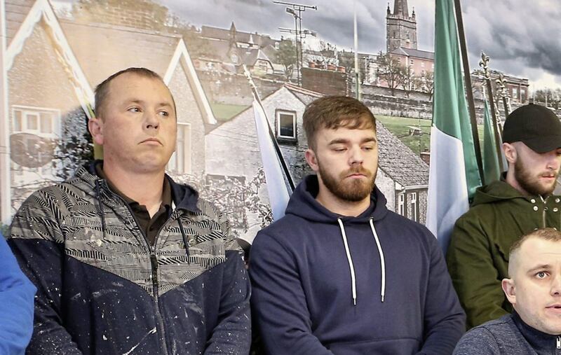 Derry Saoradh chairman, Joe Barr (centre) said 14 of the organisation&#39;s members have been arrested and released without charge in the last three weeks. Picture by Margaret McLaughlin 