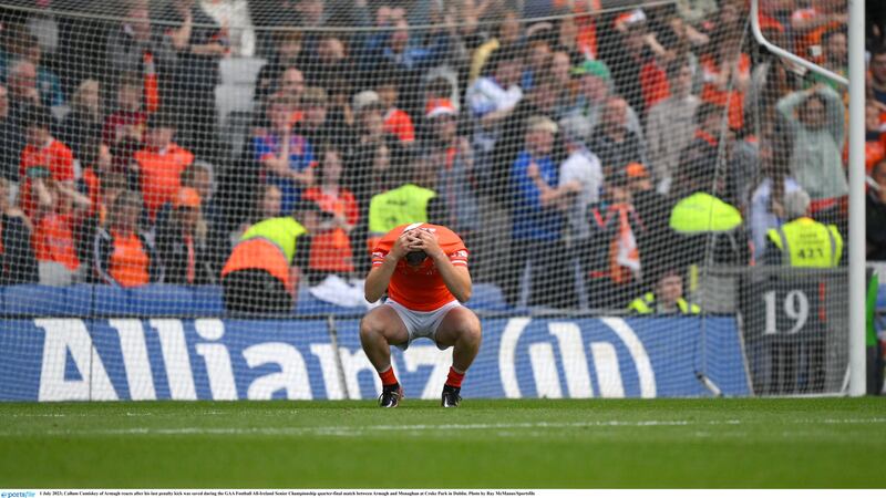 Callum Cumiskey holds his head in his hands after seeing his second penalty saved by Monaghan's Rory Beggan in last month's All-Ireland quarter-final. Picture by Sportsfile