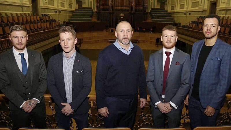 From left: Paul Hyland jnr, Feargal McCrory, Mark Dunlop (manager), James Tennyson and Tommy McCarthy 