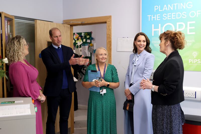 The Prince and Princess of Wales with (left to right) Renee Quinn, Martina McIlkenny and Rita Overend during a visit to PIPS Suicide Prevention (PIPS Charity) in Belfast 
