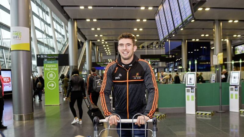 Laois footballer Colm Begley, who works for the Gaelic Players&#39; Association (GPA), arrives at Dublin airport yesterday morning prior to their departure to the GAA/GPA PwC Allstars tour in Philadelphia. Picture by Sportsfile 