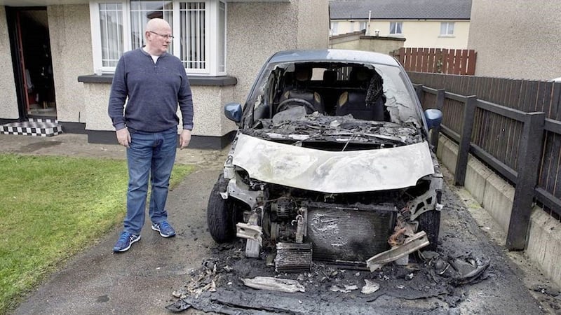 A car was torched outside the home of Sinn F&eacute;in councillor Kevin Campbell in the Creggan area of Derry in the early hours of Sunday. Picture by Margaret McLaughlin 