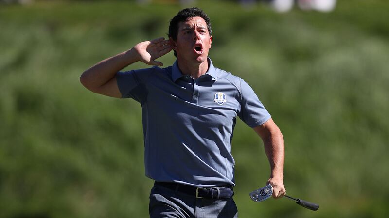 Europe's Rory McIlroy celebrates his putt on the eighth during the singles matches on day three of the 41st Ryder Cup at Hazeltine National Golf Club in Chaska, Minnesota on Sunday<br />Picture by AP&nbsp;