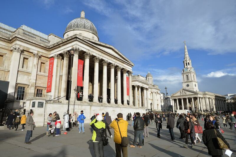 A view of the main entrance of the National Gallery in Trafalgar Square