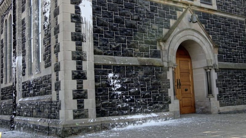 Paint was thrown at Sacred Heart Church on Doagh Road, Ballyclare earlier this year. Picture by Ann McManus 