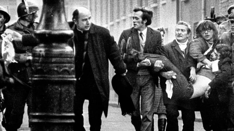 Liam Bradley, extreme right, wearing cap, helped carry the body of Jackie Duddy (17) from the Bogside on Bloody Sunday. 