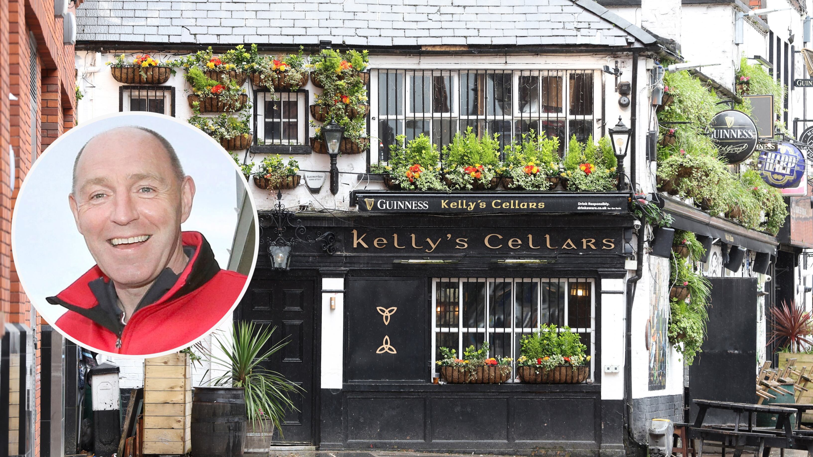 Exterior of Kelly's Cellars, with inset image of Henry Downey.
