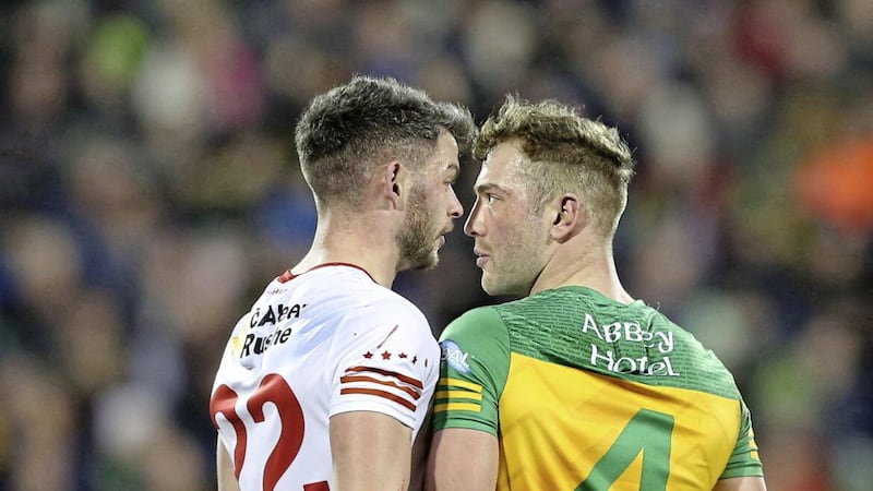 Donegal&#39;s Stephen McMenamin and Richie Donnelly of Tyrone go head to head during last year&#39;s Division One match at Ballybofey. Picture Margaret McLaughlin 