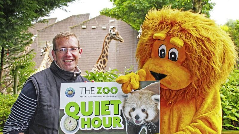 Alyn Cairns, Zoo manager and Brian the lion are looking forward to welcoming visitors to &#39;quiet hour&#39; at Belfast Zoo 