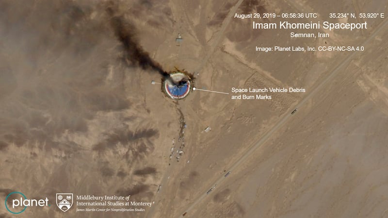Annotated satellite image showing a fire at a rocket launch pad at the Imam Khomeini Space Centre in Iran's Semnan province (Planet Labs Inc, Middlebury Institute of International Studies via AP)