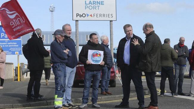 Workers protesting at the port of Larne today. Picture by Hugh Russell.&nbsp;