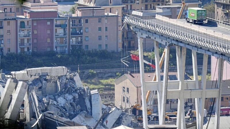 The bridge in Genoa which collapsed during a violent storm, sending vehicles plunging 150ft below. Picture: Luca Zennaro/ANSA via AP 