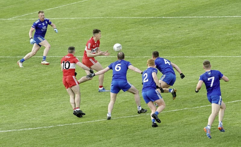 Monaghan&#39;s Ryan McAnespie, Conor Boyle, Ryan O&#39;Toole, Ryan Wylie, and Conor McCarthy close in on Derry&#39;s Shane McGuigan last Saturday. Picture Margaret McLaughlin 