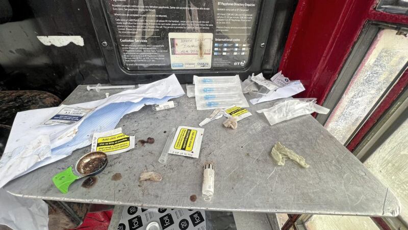 Drug paraphernalia inside a red phone box in Belfast&#39;s Cathedral Quarter. Picture by Hugh Russell 