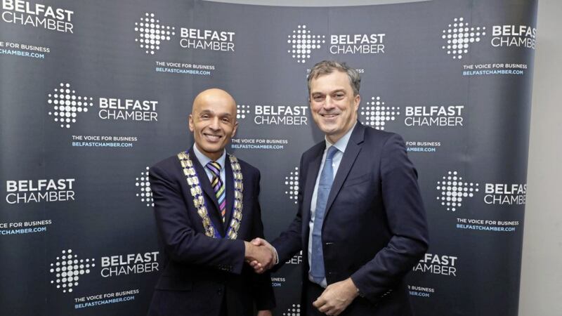 President of Belfast Chamber, Rajesh Rana (left) , with Julian Smith yesterday 