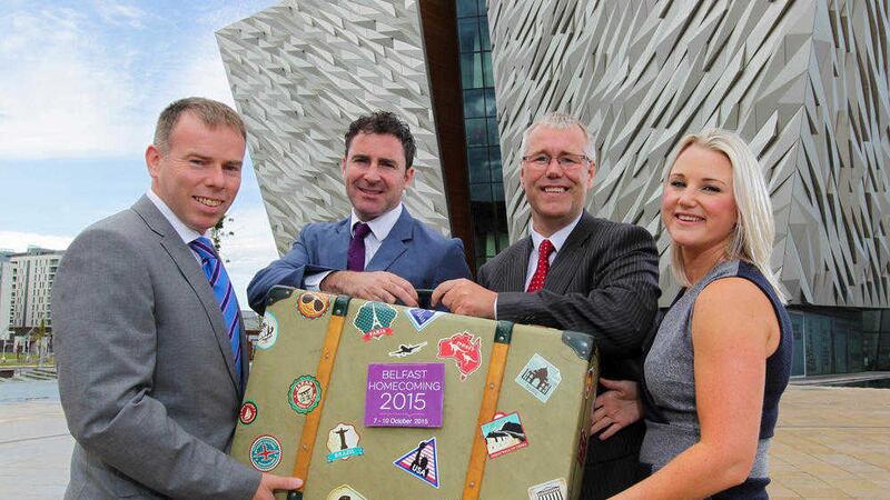 From left, Colin Mounstephen, Deloitte&#39; Andrew Cowan, NI Connections&#39; Richard Donnan, Ulster Bank, Connla McCann, Aisling Events launch the Belfast Homecoming Conference 2015 