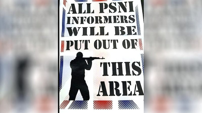 A handout picture issued by Alliance Party of flyers, featuring a gunman and the union flag, stating: &quot;All PSNI informers will be put out of this area&quot; which were distributed in east Belfast at the weekend, as the leaflets threatening people who co-operate with police have been branded a cowardly attempt to intimidate. Picture by Alliance Party/Press Association