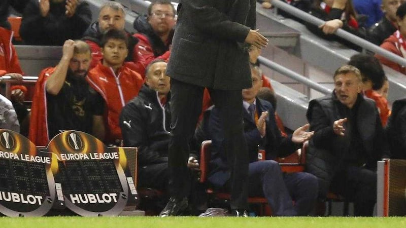 Liverpool manager Jurgen Klopp shows his frustration on the touchline during the UEFA Europa League match against Rubin Kazan at Anfield 