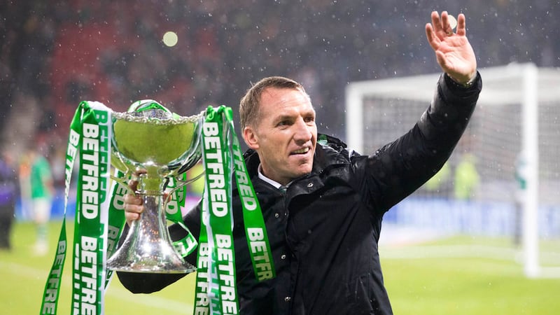 Celtic manager Brendan Rodgers celebrates after the Betfred Cup final win over Aberdeen at Hampden Park, Glasgow.&nbsp;