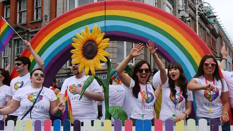 Participants on O&#39;Connell Street in Dublin as they take part in the Dublin LGBTQ Parade. Niall Carson/PA Wire. 