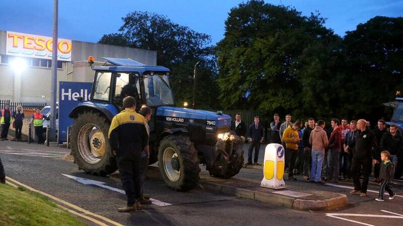 Dairy farmers blocked three supermarkets in Coleraine last week with up to 200 farmers and 30 tractors involved in the protest. 