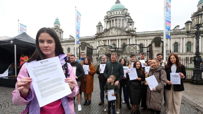 Cuisle Nic Liam from Conradh na Gaeilge and repesentives from other Irish language groups hand in a petition to Belfast City Hall calling for bilingual signage at Olympia Leisure Centre. Picture by Mal McCann
