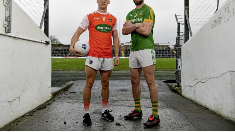 Mark Shields of Armagh and Graham Reilly of Meath during an Allianz Football League media event ahead of the Meath and Armagh fixture at Pairc Tailteann in Navan on Sunday. Photo by Ramsey Cardy/Sportsfile. 