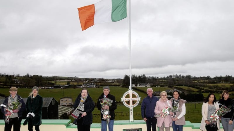 Polin Quinn, Pat Quinn, Dympna and Micky Armstrong, Brian and Briege O&#39;Donnell, Seana Quinn, Siobhan Nugent and Catriona McAleer gather at a memorial to their loved ones in Cappagh. Picture by Mal McCann. 