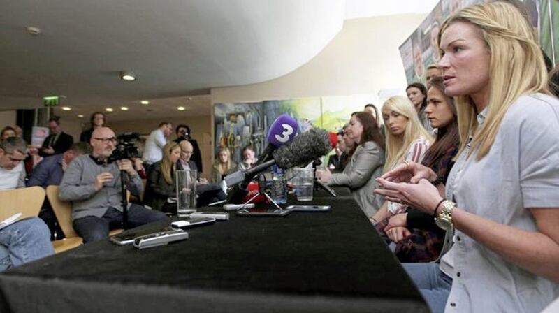 Captain Emma Byrne at yesterday's press conference in Dublin. Picture from RTÉ