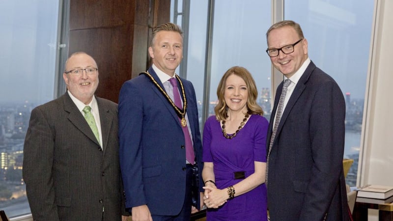 Armagh City, Banbridge &amp; Craigavon Borough Council&#39;s economic and regeneration committee chair Councillor Joe Nelson, deputy lord mayor Councillor Sam Nicholson and chief executive Roger Wilson with compere Anita McVeigh. Photo: Piranha Photography 