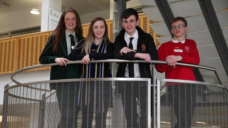 Sasha Todd from Bloomfield Collegiate, Rebecca Todd of Mercy College, Sean Quinn from St Mary&#39;s and Nathan Haughan of Mitchell House at the UU event. Picture by Mal McCann 