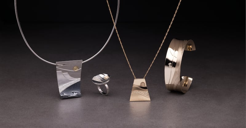A selection of Steensons jewellery, combining sculptural shapes with contrasting metals.