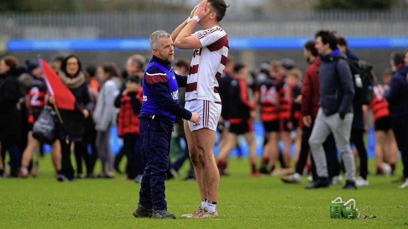 Slaughtneil manager Michael McShane and Shane McGuigan in the moments after yesterday&#39;s All-Ireland club SHC semi-final at Parnell Park. Picture by Seamus Loughran 