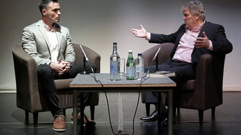 Tyrone footballer Cathal McCarron speaking to Adrian Logan at the Crescent Arts Centre in Belfast last week about his new book. Picture by Declan Roughan 