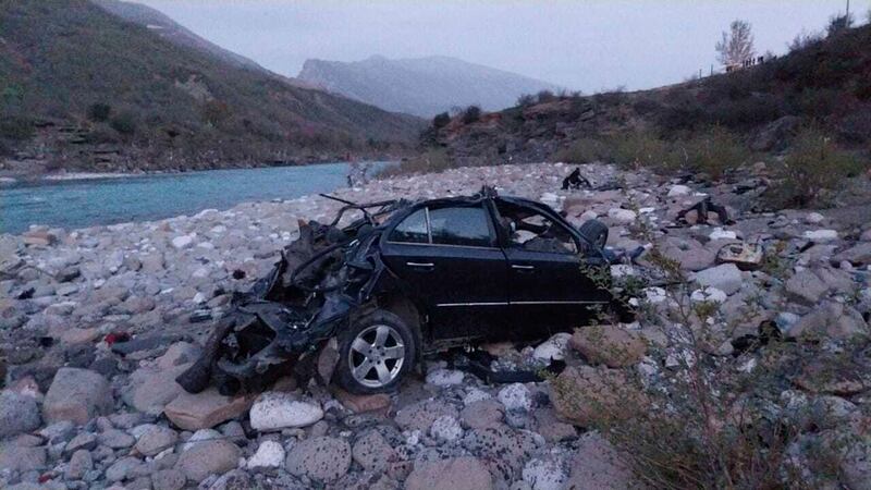 A damaged vehicle that crashed into the Vjosa River about 150 miles south east of the capital, Tirana (Albanian Police via AP)