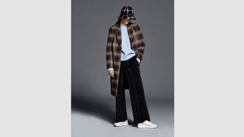 Principles Multicoloured Checked City Coat, &pound;52 (was &pound;65); Principles Black Check Print Wide Leg Trousers, &pound;28 (were &pound;35); Principles Navy Check Downbrim Hat, &pound;22; Faith Natural Leather Trim Kicks Chunky Trainers, reduced to &pound;23.20 from &pound;29, all from Debenhams (jumper, stylist&#39;s own) 
