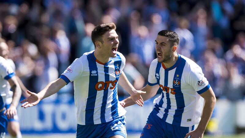 Kilmarnock's Greg Kiltie celebrates scoring the opening goal in Sunday's Ladbrokes Scottish Premiership play-off final second leg at Rugby Park<br />Picture by PA&nbsp;
