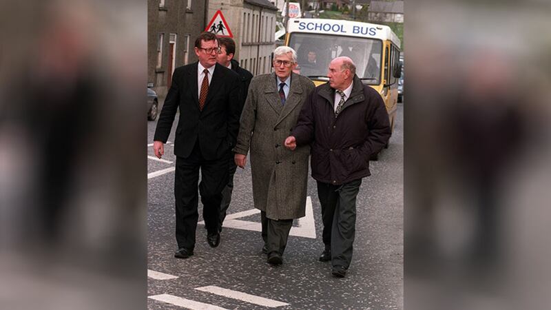 &nbsp;David Trimble (left) and Seamus Mallon with Tommy Canavan whose brother owned the Railway Bar in Poyntzpass where friends Philip Allen and Damien Trainor were shot dead by loyalists in 1998