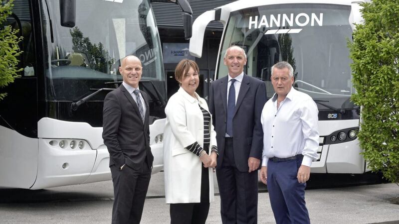 Announcing the new partnership are Steve Thornton, head of hockey operations, Stena Line Belfast Giants, Judith Harvey, group head of education and public affairs for Odyssey Trust Company, Neil Walker, general manager, The SSE Arena, Belfast, and Aodh Hannon, managing director of Hannon Coach 