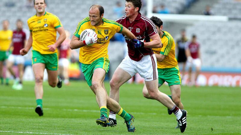 Donegal's Colm McFadden comes under pressure from Galway's Gareth Bradshaw last Saturday at Croke Park <br />Picture: S&eacute;amus Loughran