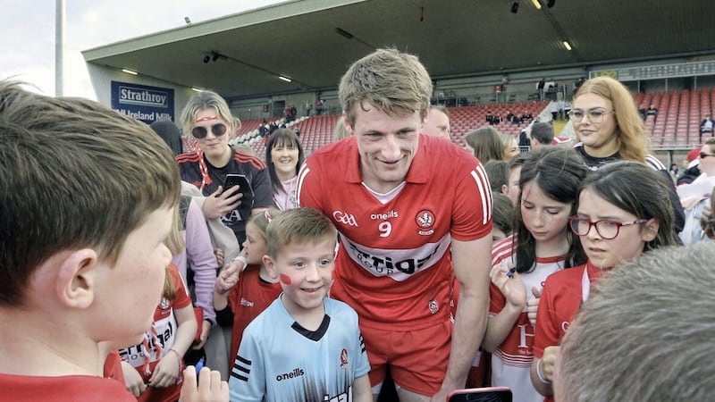 Derry&#39;s Brendan Rogers with supporters after the Ulster win over Monaghan - but the Oak Leafers could only draw with the Farneymen when they met again at Celtic Park. Picture Margaret McLaughlin 