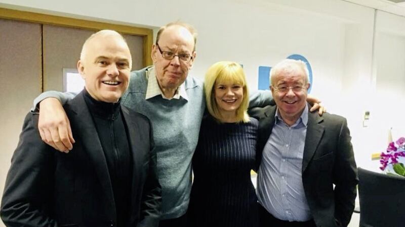 UTV broadcasters, Frank Mitchell and Ken Reid, who worked their last day yesterday pictured with Tracey Magee, UTV&#39;s new Political Editor and Chris Hagan, UTV News Editor 