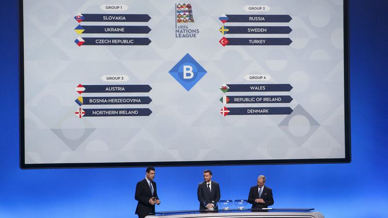 <span style="font-family: Verdana, Arial, Helvetica, sans-serif; font-size: 13.3333px;">The Uefa Nations League B draw, made by Pedro Pinto, left, Managing Director of Communications of UEFA, former Czech player Vladimir Smicer, centre, and UEFA deputy secretary general Giorgio Marchetti, right.</span>